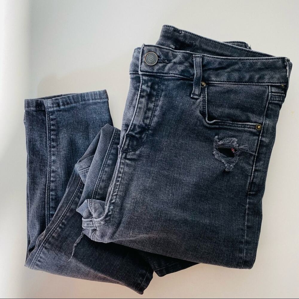 TOPSHOP Moto Washed Black Grey Denim Distressed Ripped High Rise Skinny Jeans 30
